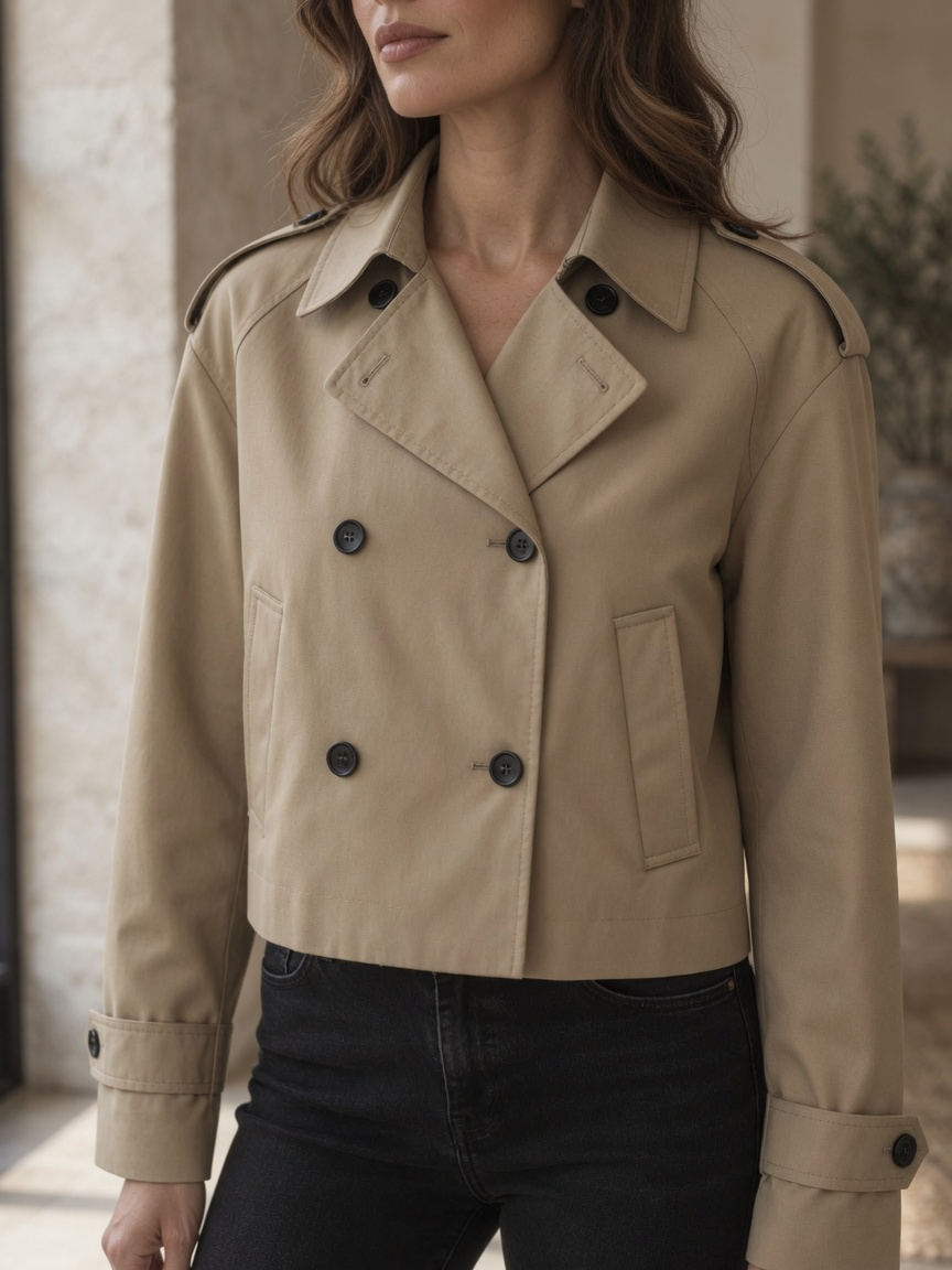 Close view of the trench collar, buttons and cuff tab