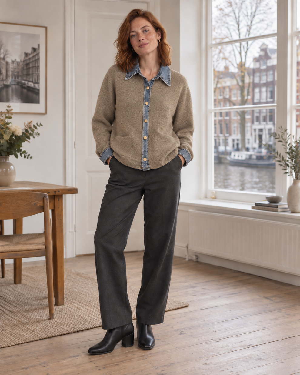 Woman wearing the khaki colour of Denim Collar Button-Front Knit Cardigan