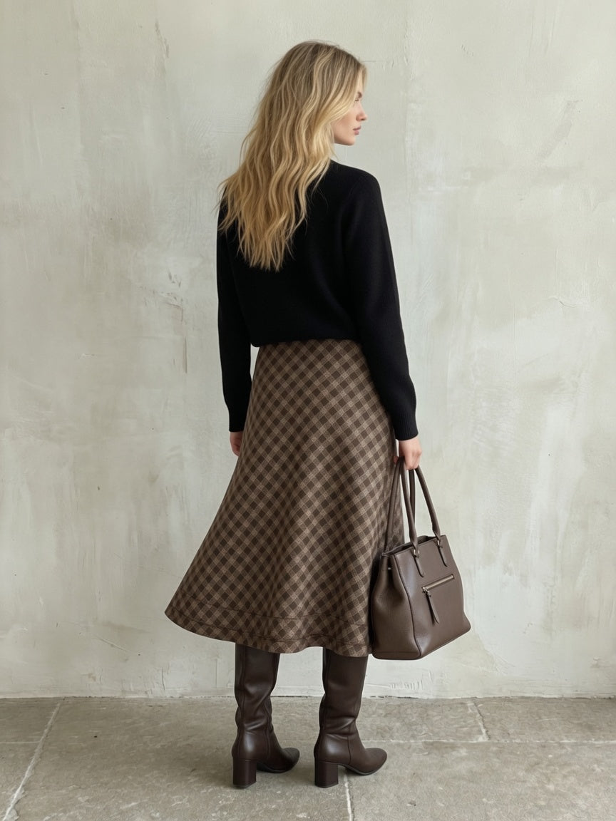 Brown Plaid Midi Skirt