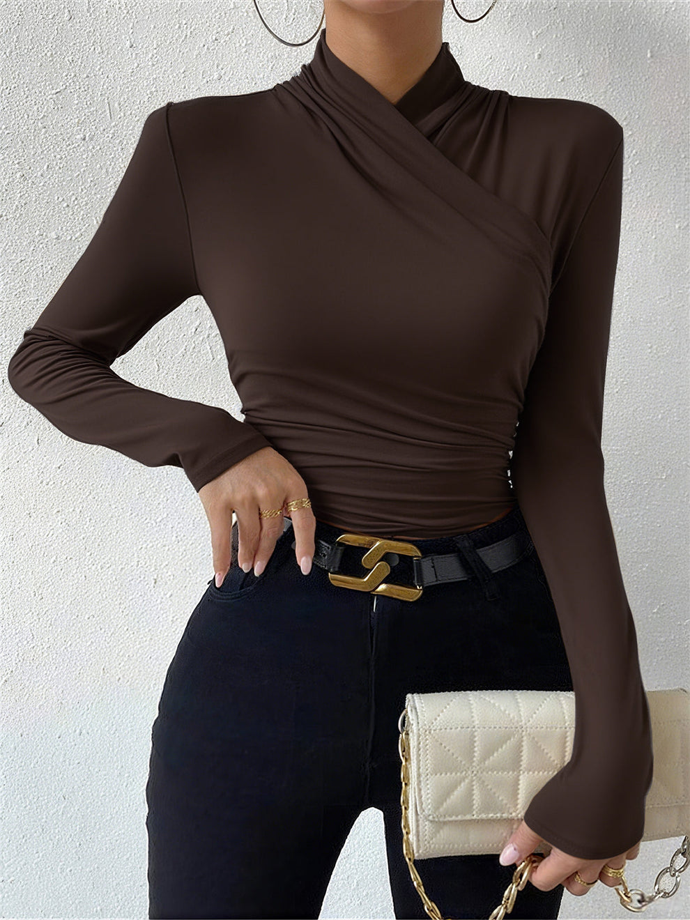 Cross-Over Collar Pleated Cinched T-Shirt — image 6