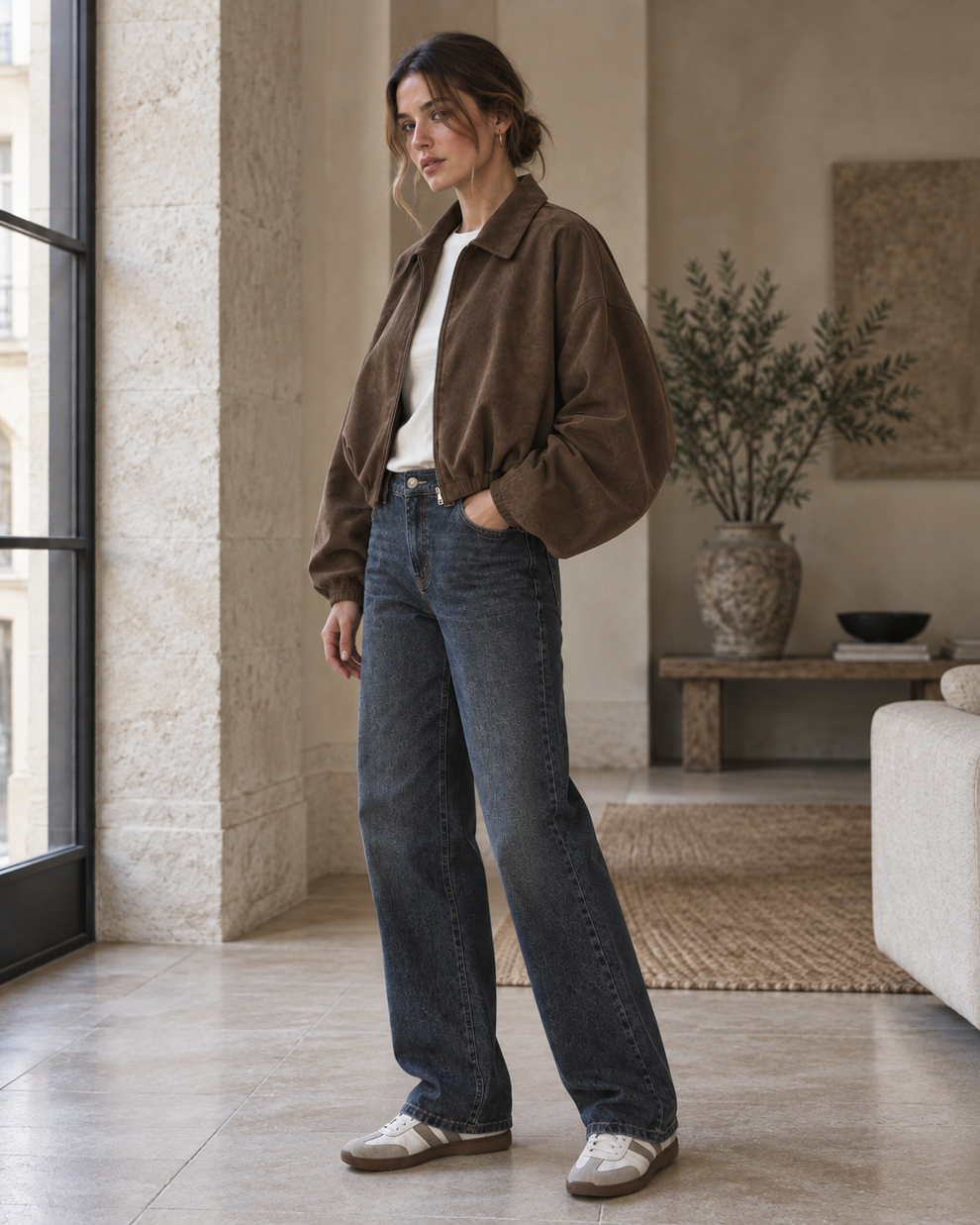 Three-quarter view of the coffee-brown draped lapel jacket