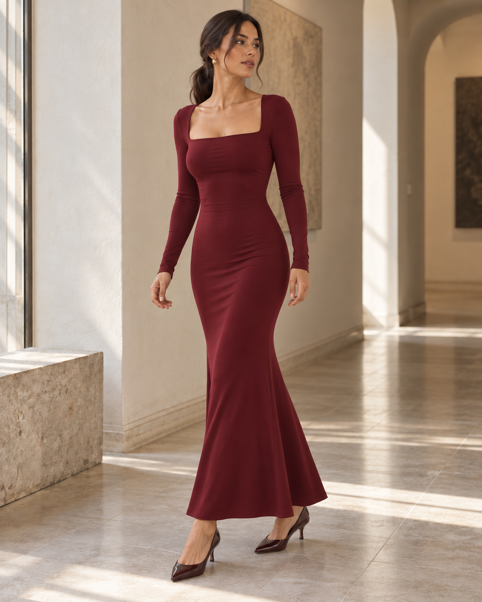 Three-quarter view of the burgundy square-neck maxi dress