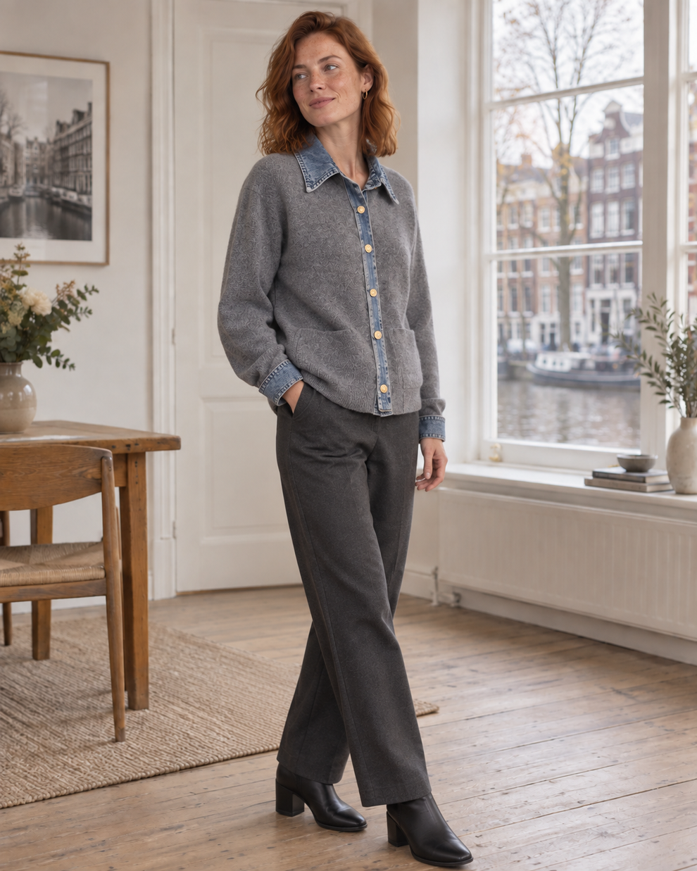 Three-quarter view of the gray button-front knit cardigan
