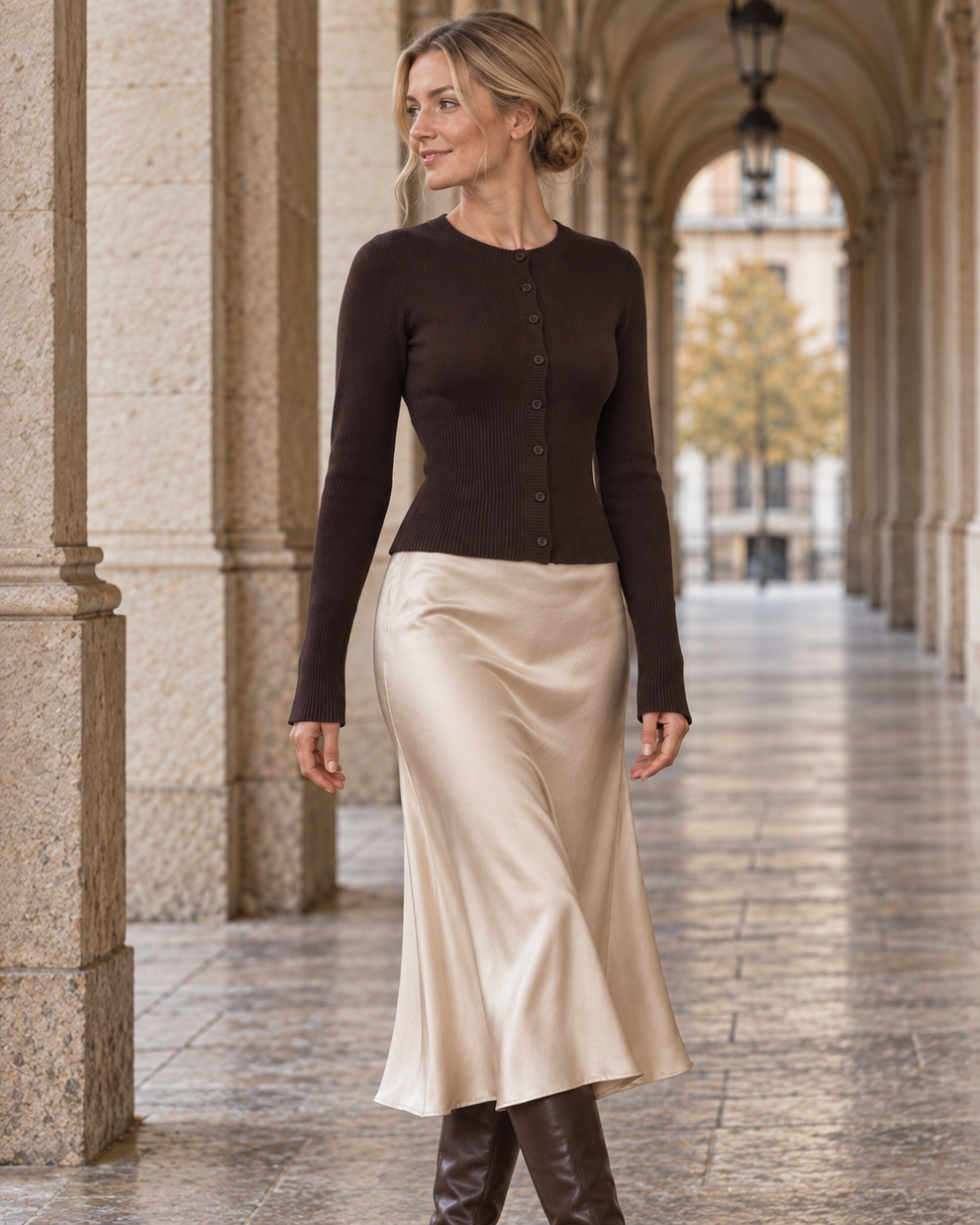 Three-quarter view of the dark-brown ribbed cardigan