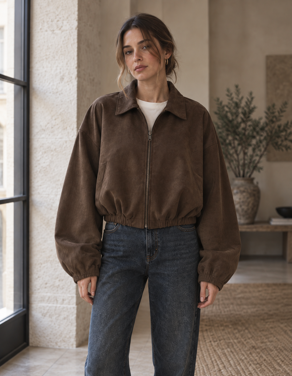 Front view of the suede-effect cropped jacket