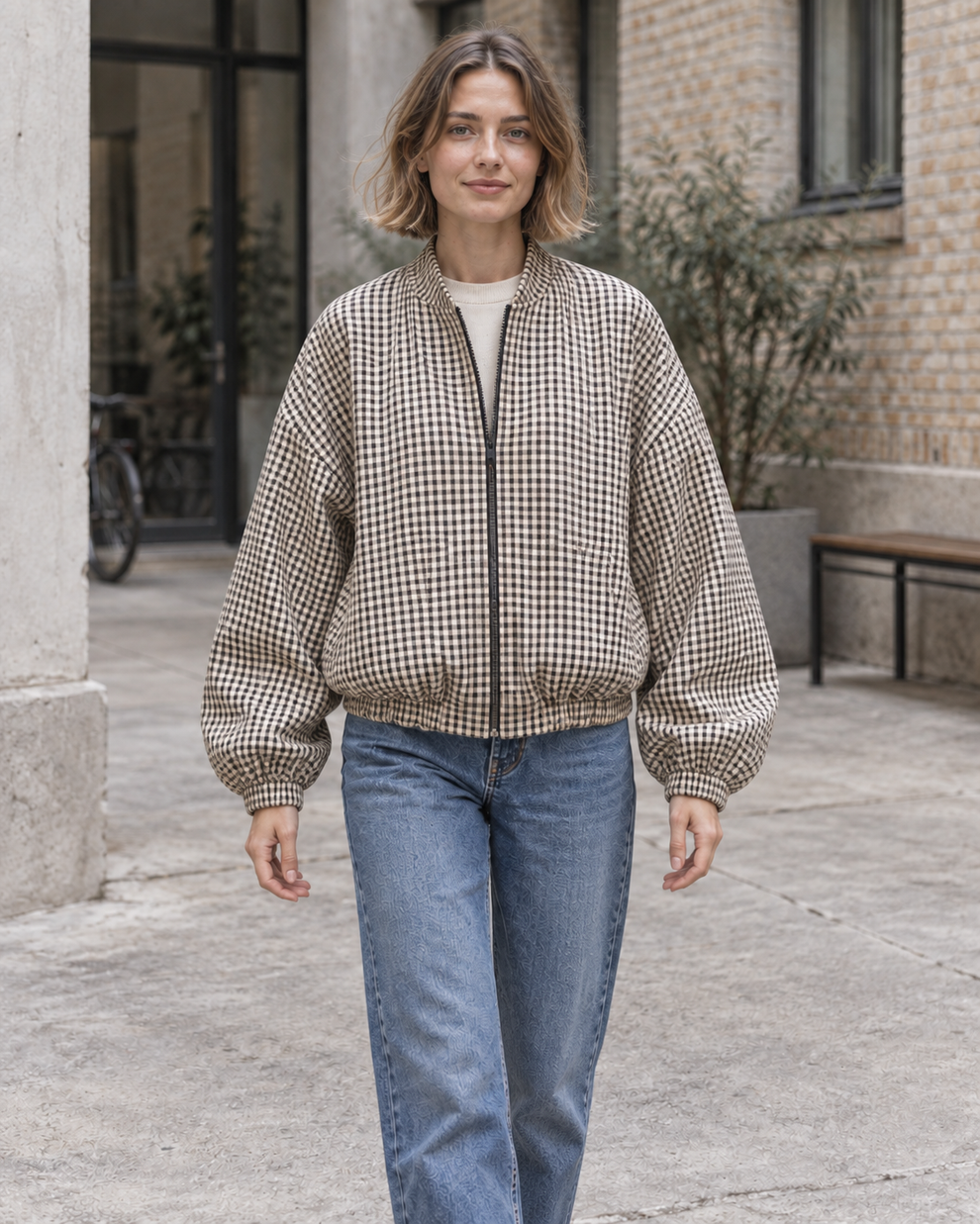 Front view of the khaki checked bomber jacket