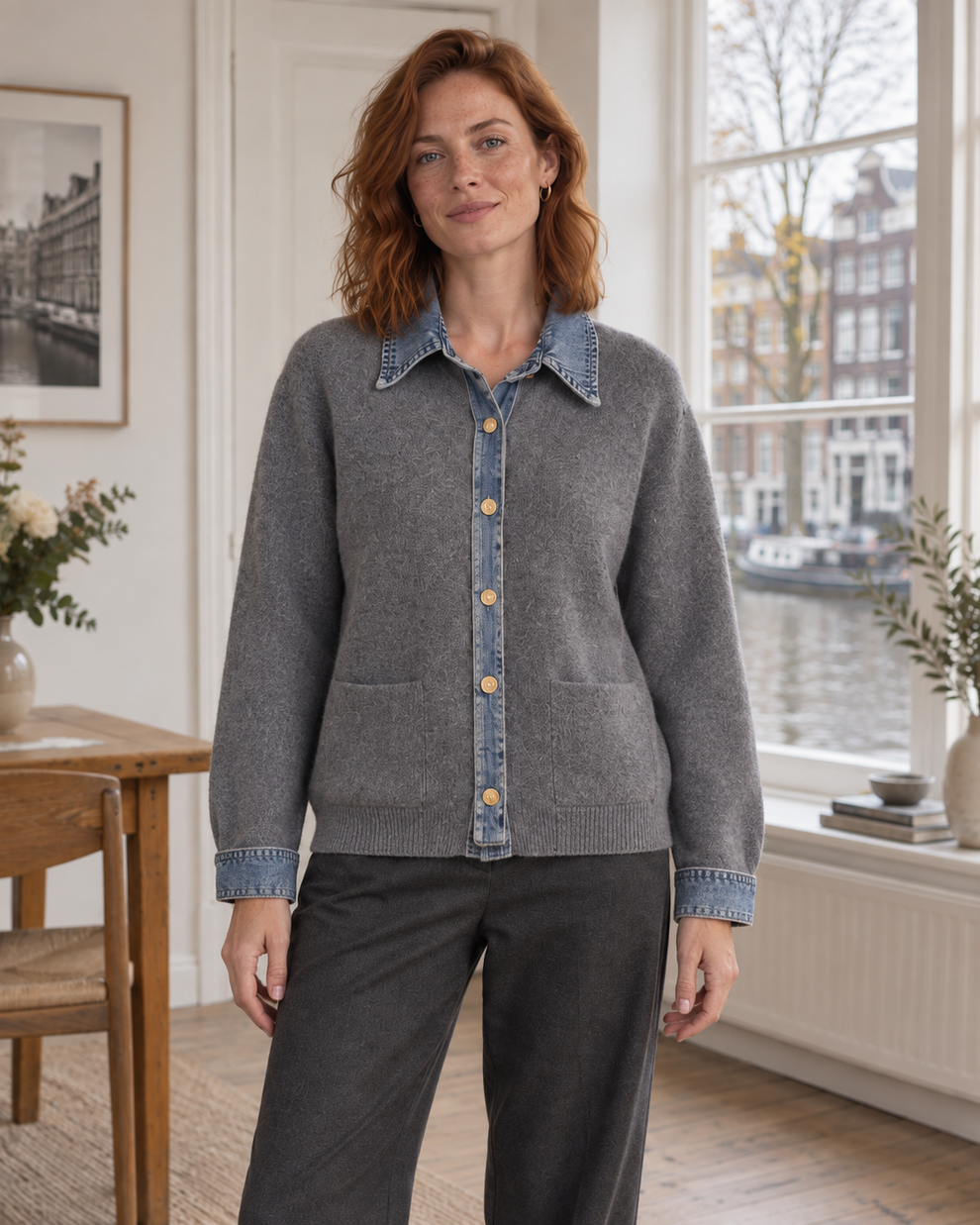 Front view of the denim-collar button-front cardigan
