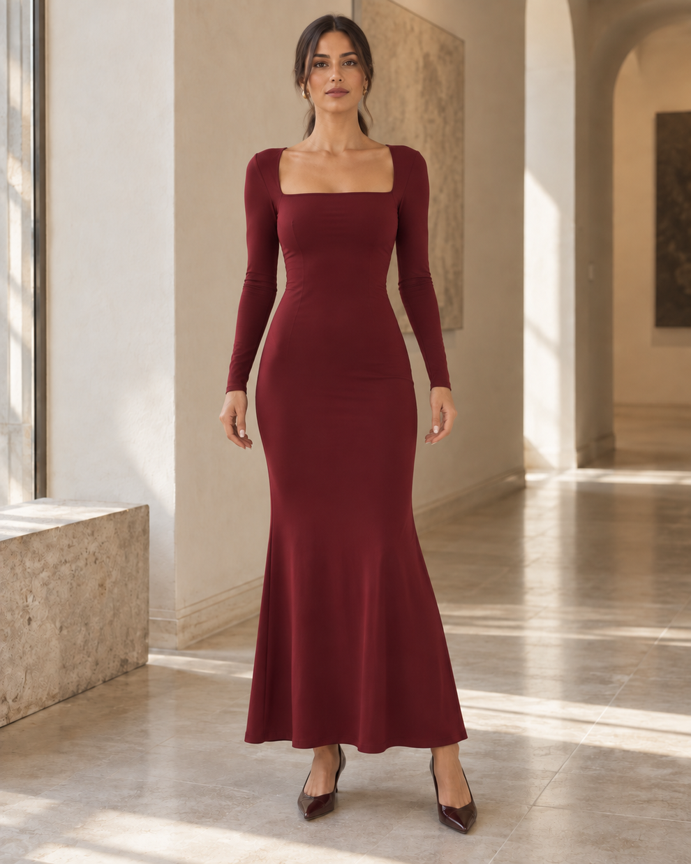 Front view of the burgundy long-sleeve maxi dress