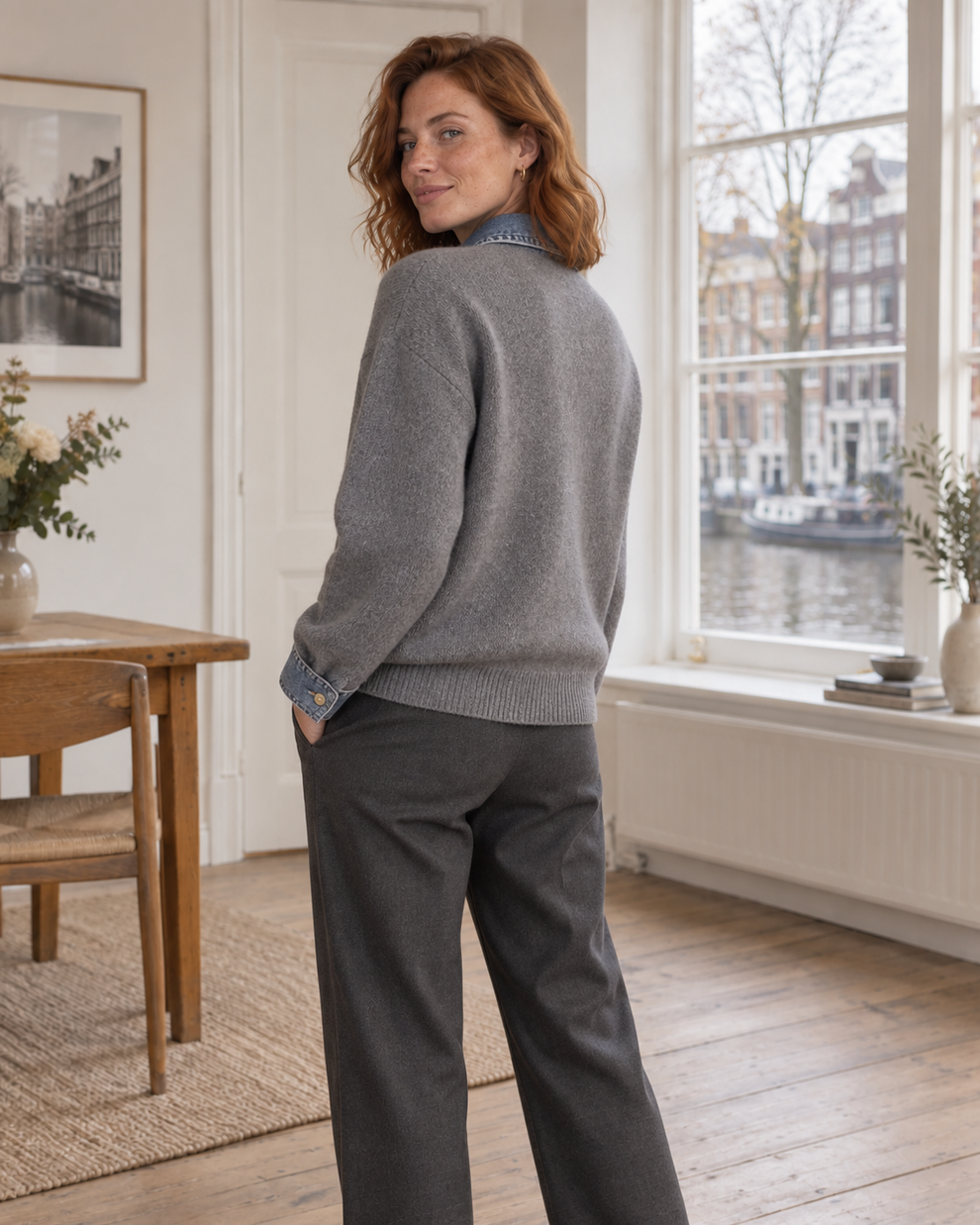 Back and side view of the light-gray knit cardigan