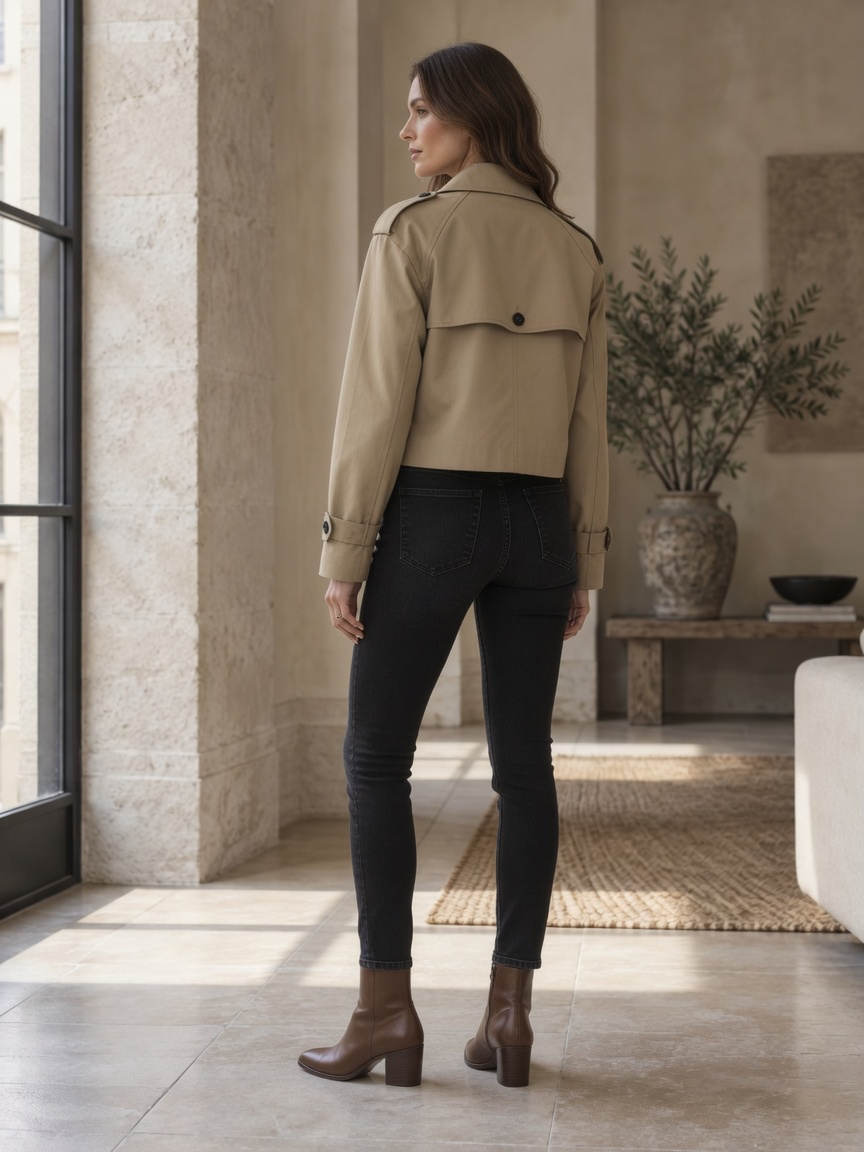 Back and side view of the khaki cropped trench