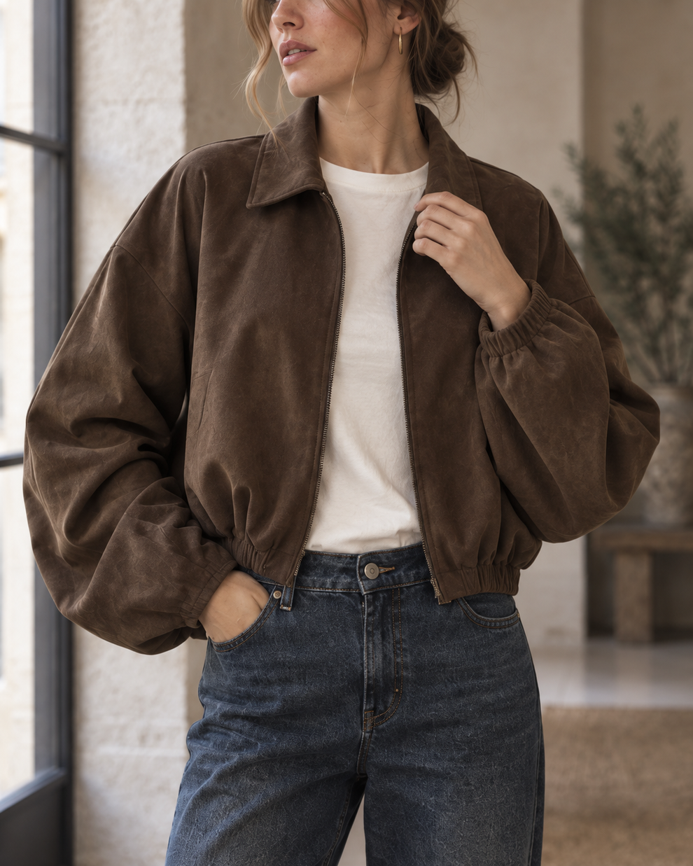 Close view of the jacket collar and suede-effect texture