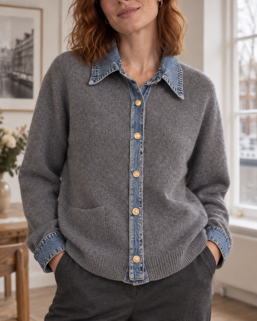 Close view of the denim collar, placket and buttons