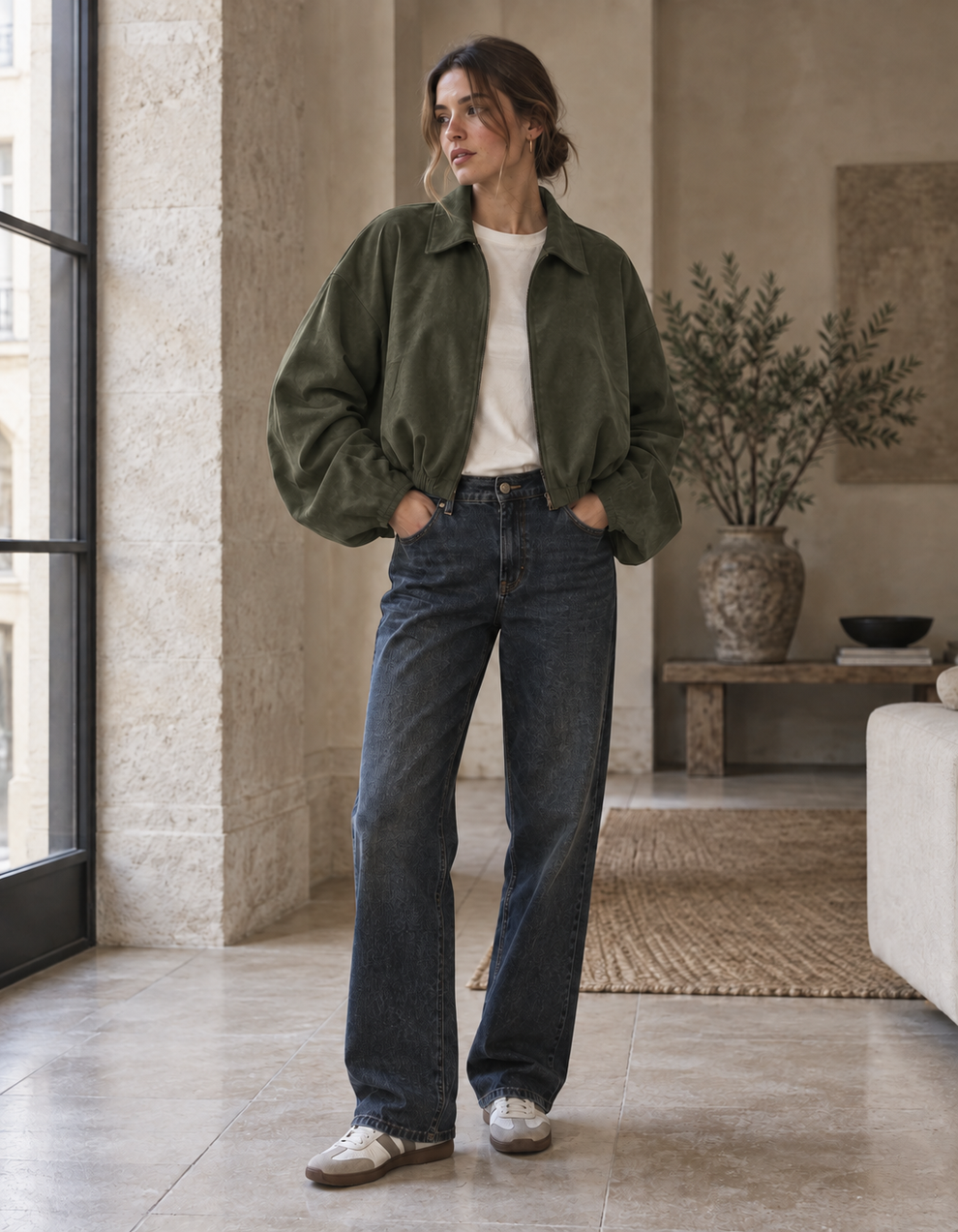 Woman wearing the army green colour of Suede-Effect Draped Lapel Jacket
