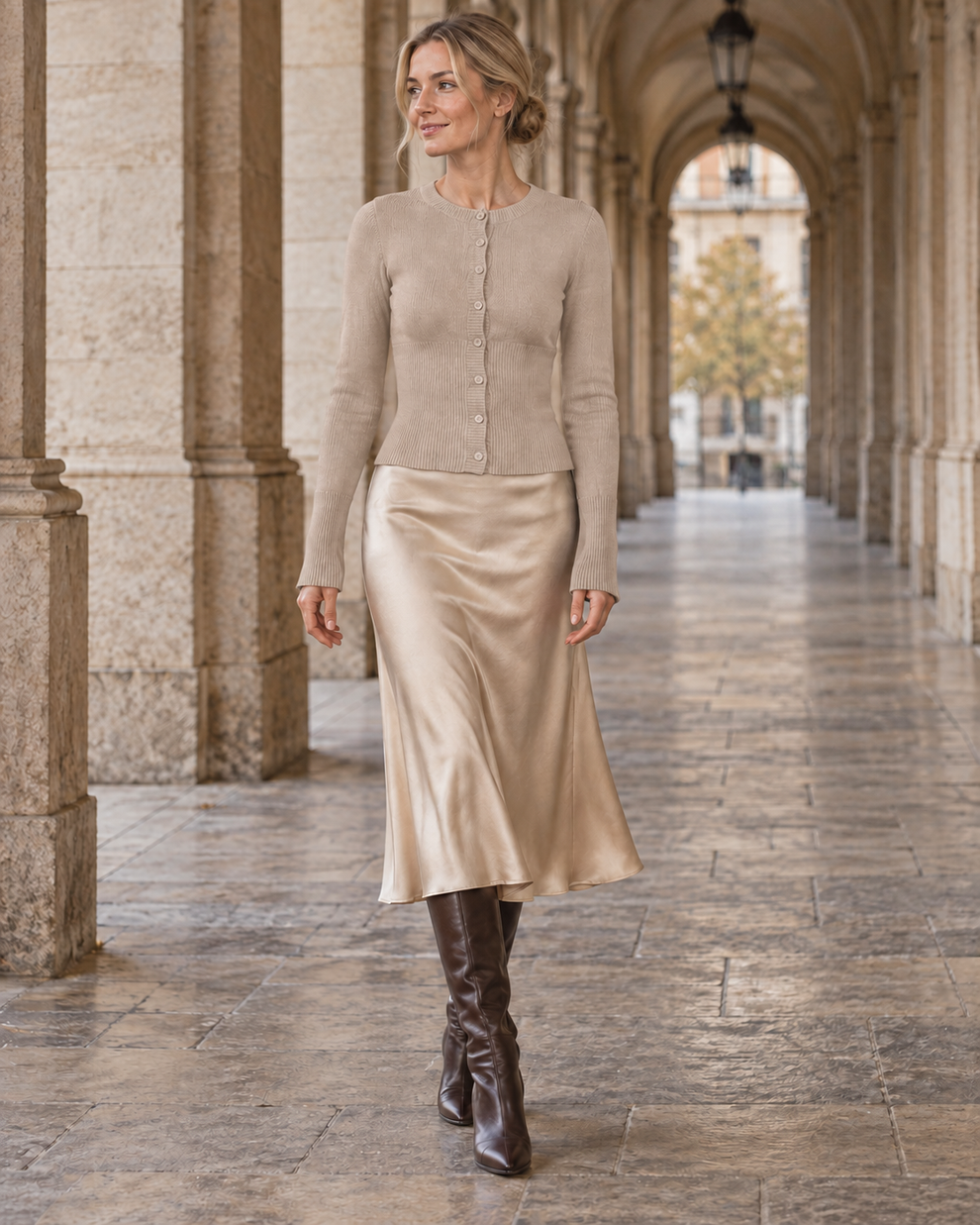 Woman wearing the beige colour of Ribbed Waist Button Cardigan
