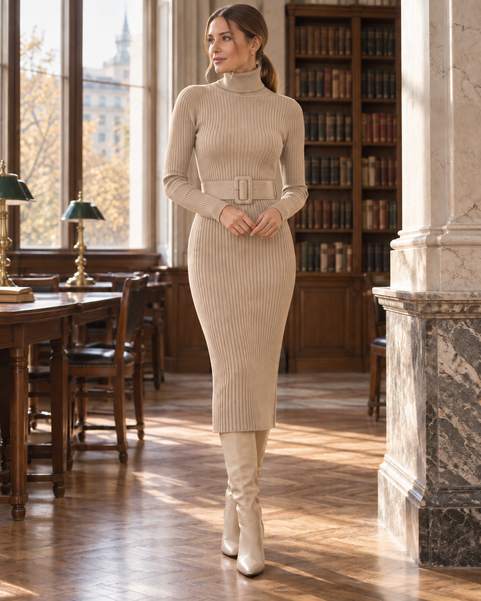 Woman wearing the beige colour of Belted Ribbed Turtleneck Midi Dress