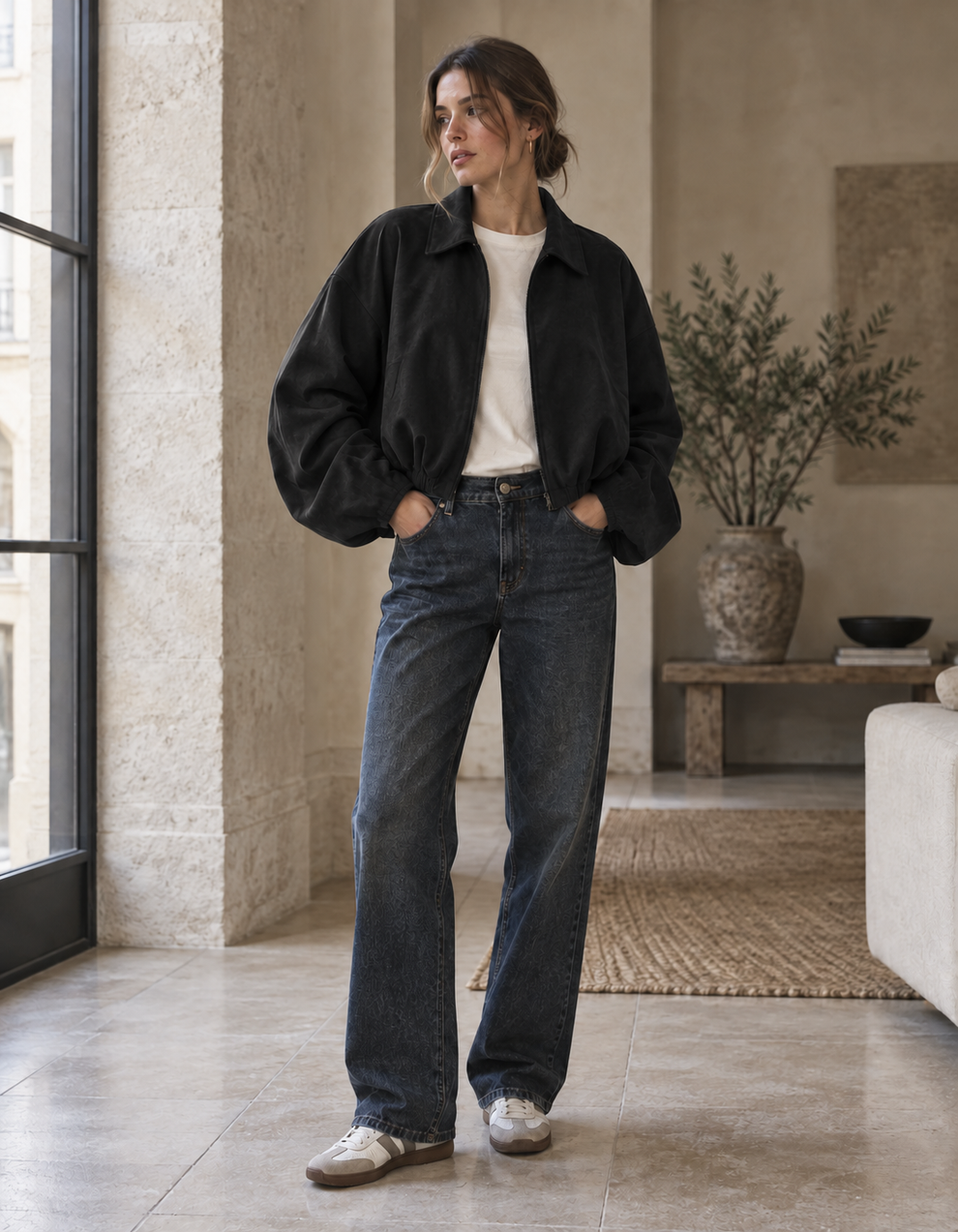 Woman wearing the black colour of Suede-Effect Draped Lapel Jacket