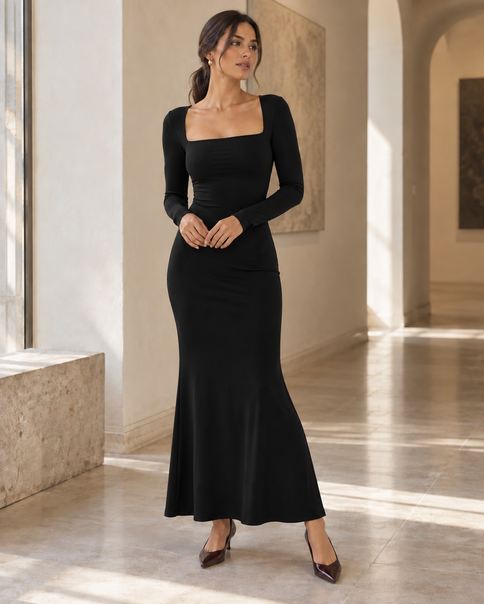 Woman wearing the black colour of Square-Neck Long-Sleeve Maxi Dress