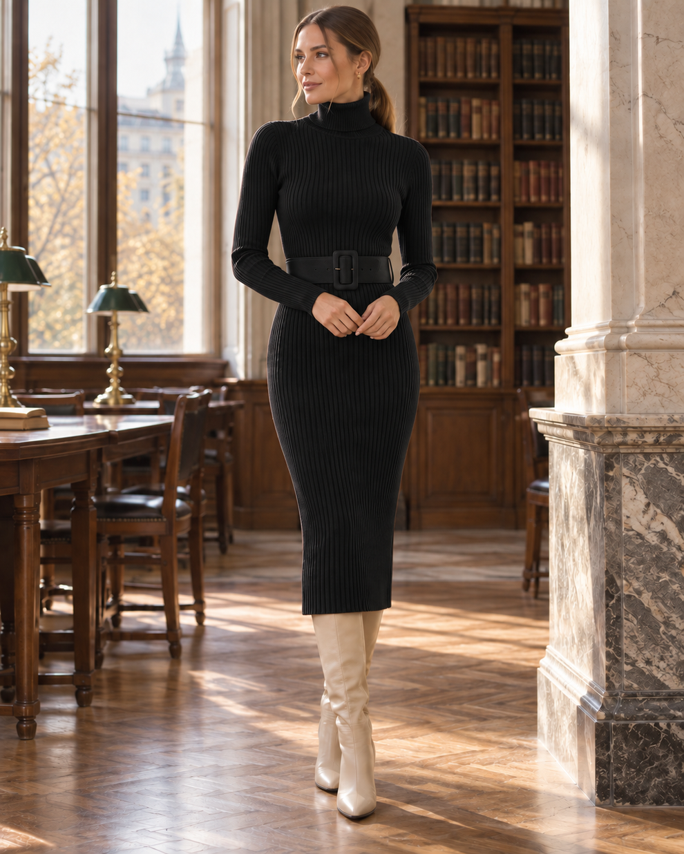 Woman wearing the black colour of Belted Ribbed Turtleneck Midi Dress