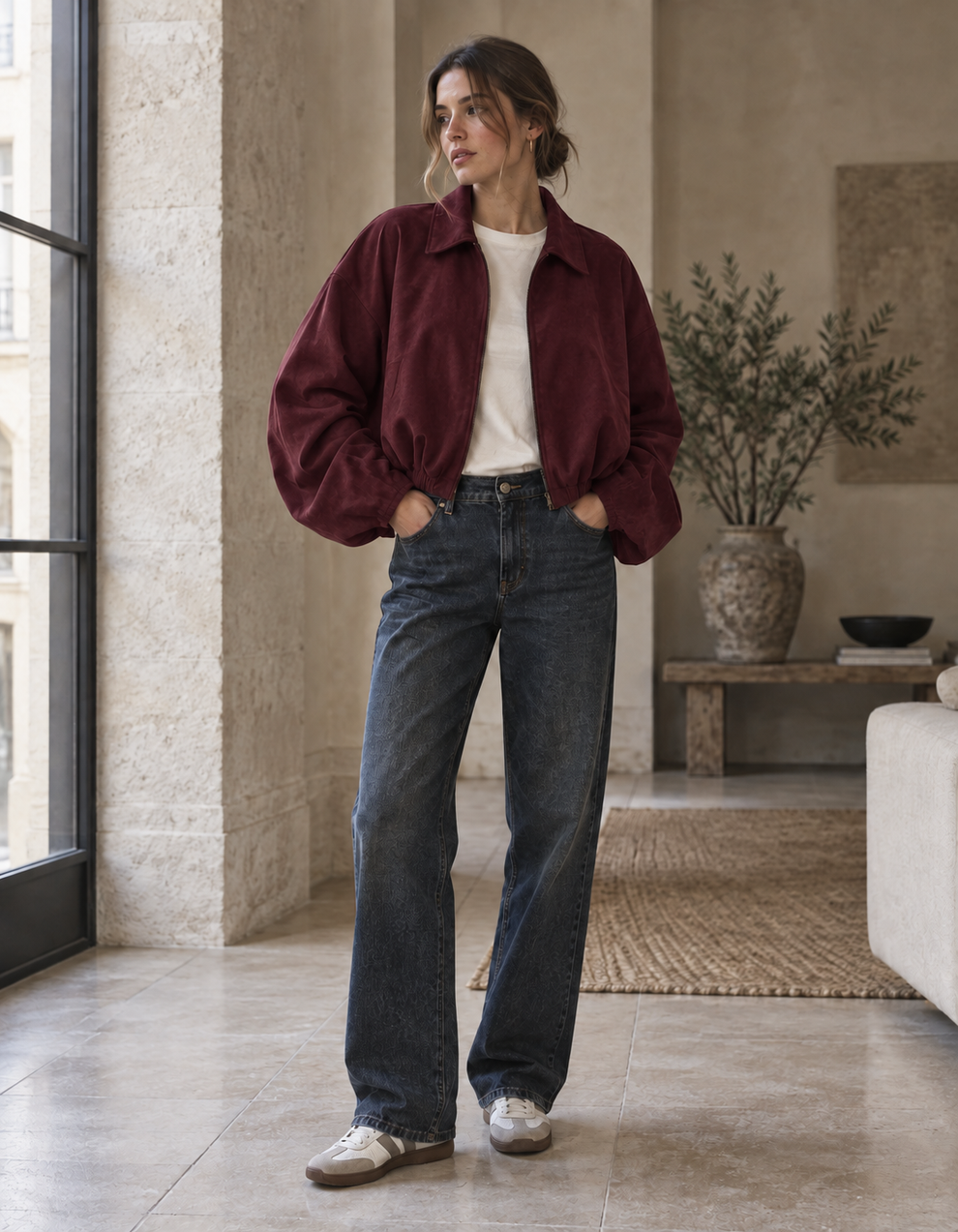 Woman wearing the burgundy colour of Suede-Effect Draped Lapel Jacket