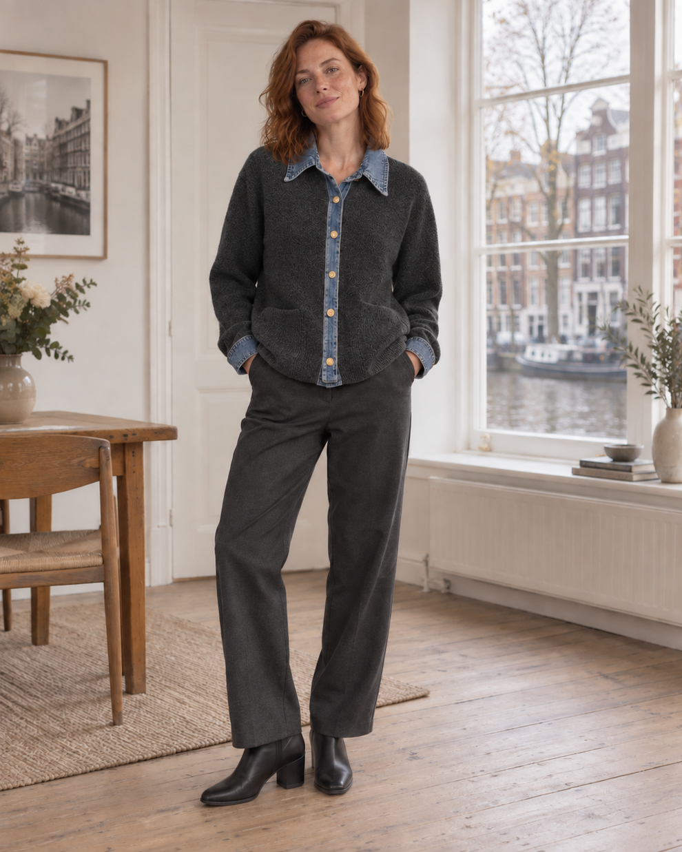 Woman wearing the dark gray colour of Denim Collar Button-Front Knit Cardigan