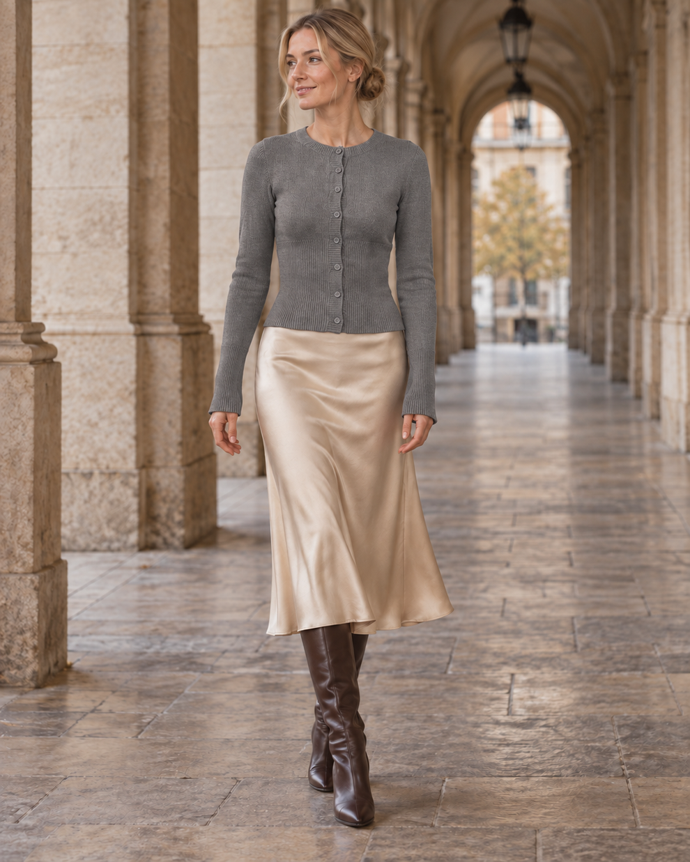 Woman wearing the gray colour of Ribbed Waist Button Cardigan