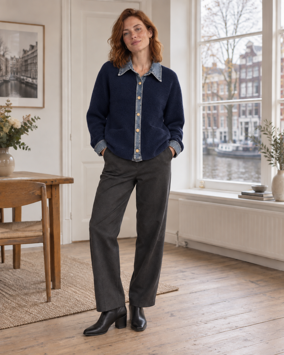 Woman wearing the navy colour of Denim Collar Button-Front Knit Cardigan