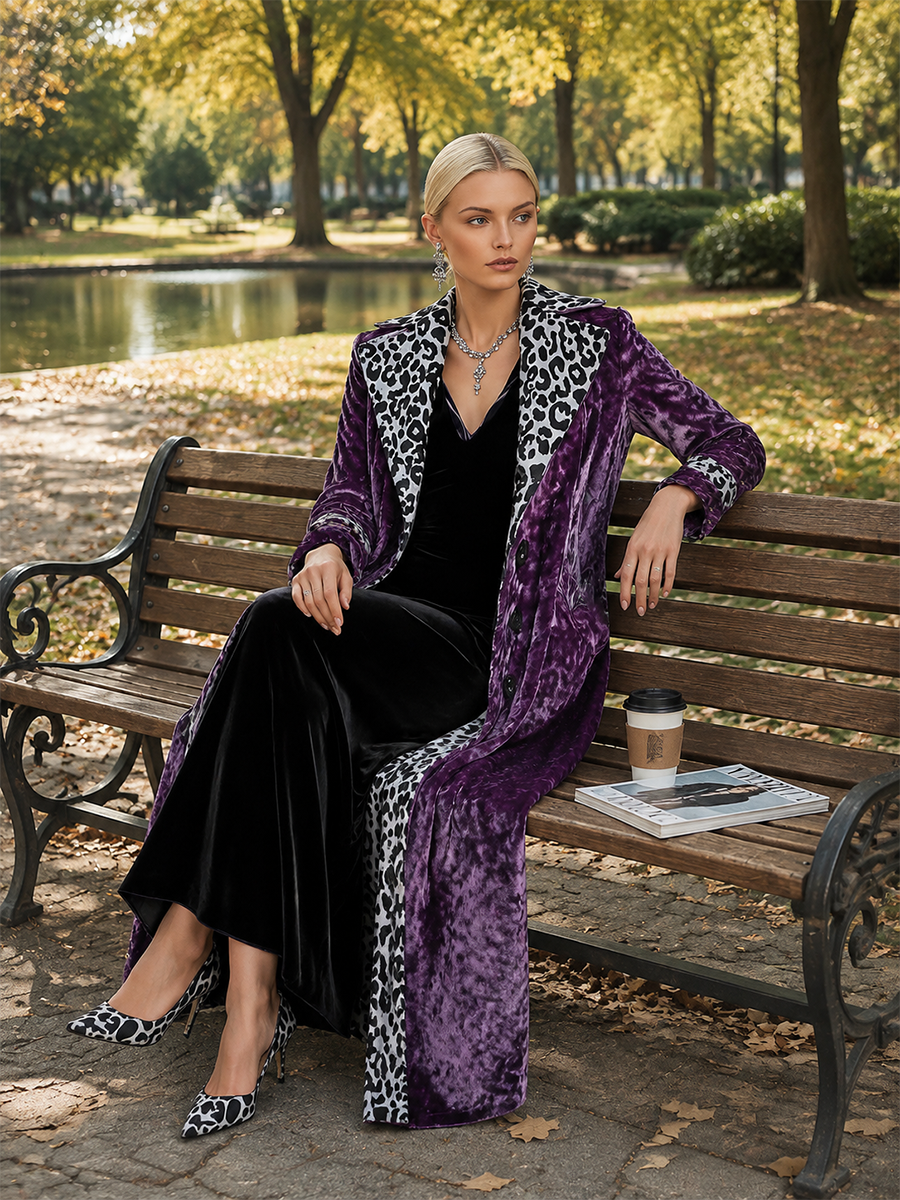 Vintage-style Leopard Print Lining Deep Plum-purple Velvet Coat