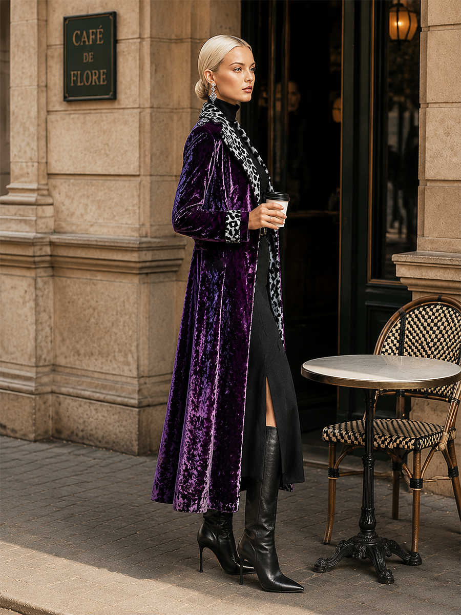 Vintage-style Leopard Print Lining Deep Plum-purple Velvet Coat