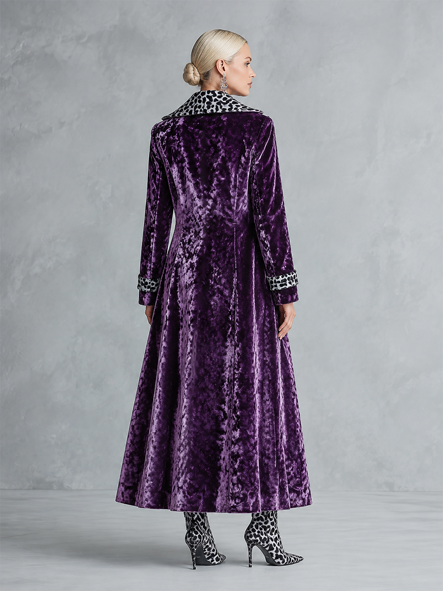 Vintage-style Leopard Print Lining Deep Plum-purple Velvet Coat