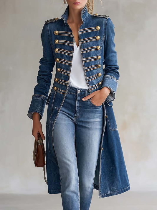 Vintage Washed Denim Military Officer Longline Gold-Button Fitted Statement Coat Women