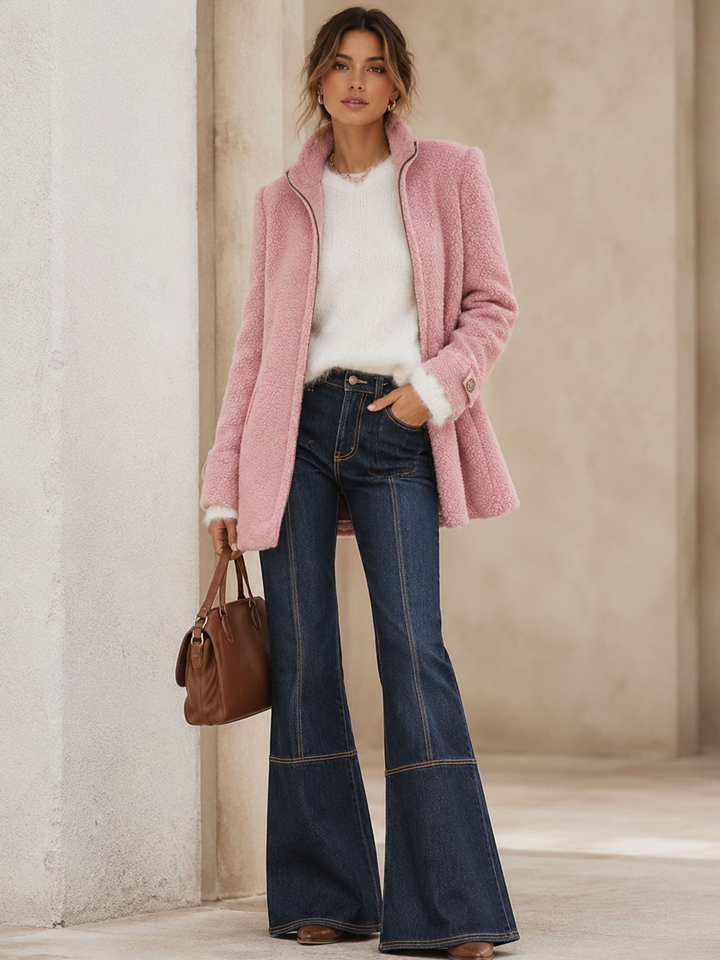 Casual Vintage Pink Polar Fleece Zip-Up Jacket Coat