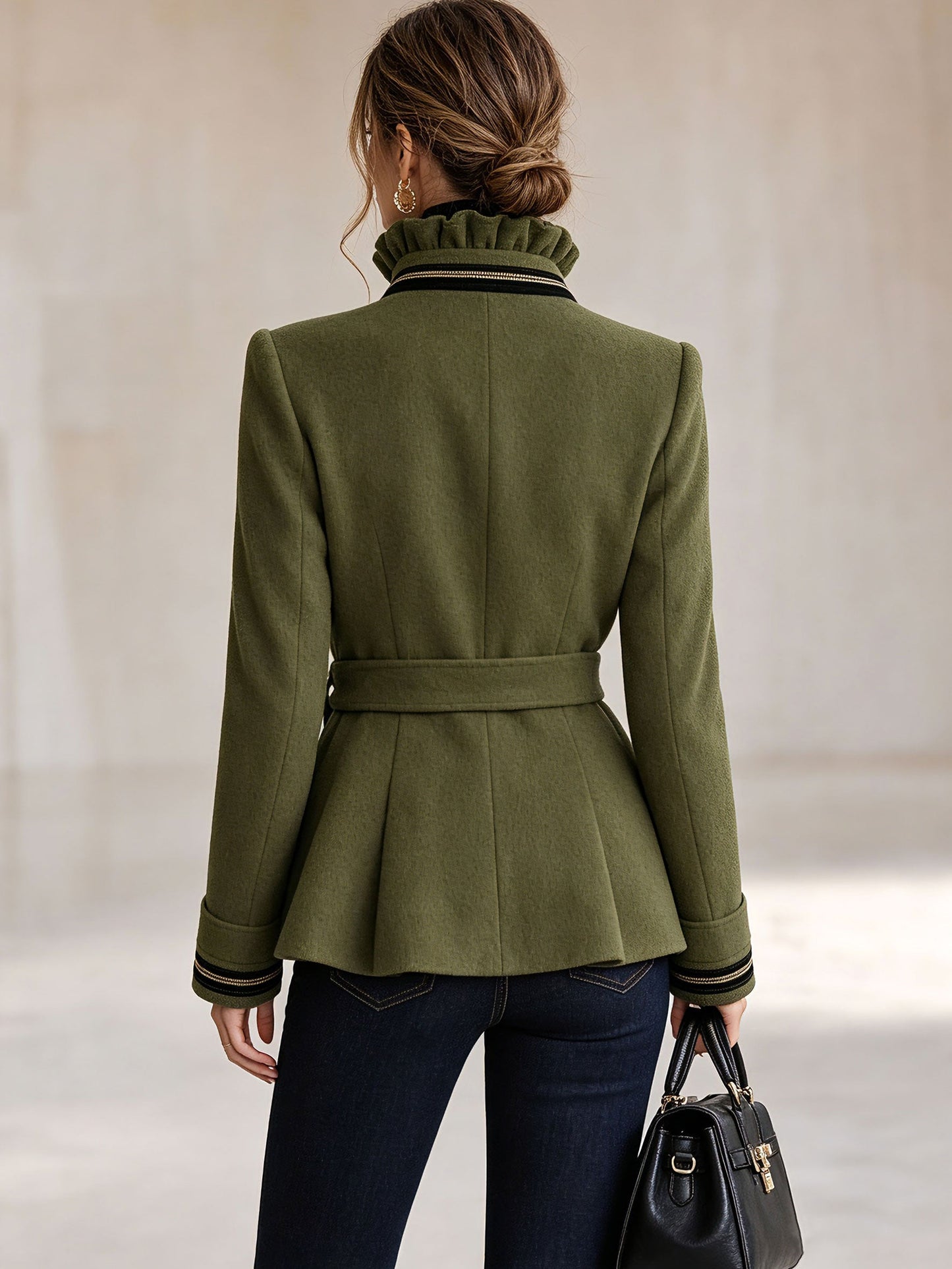 Simple Retro Stand-up Collar Ruffled Belt Olive Green Wool Zip-up Coat