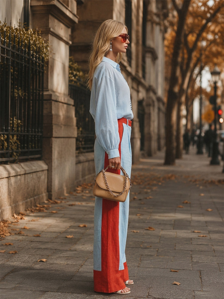 Stylish Casual Blue Striped Shirt And Color-Block Wide-Leg Pants Cotton-Linen Set