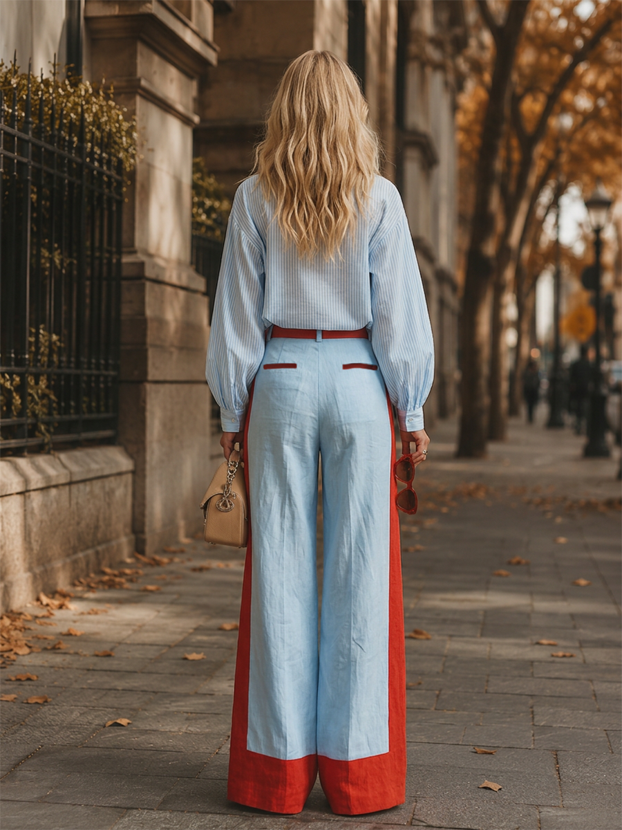 Stylish Casual Blue Striped Shirt And Color-Block Wide-Leg Pants Cotton-Linen Set