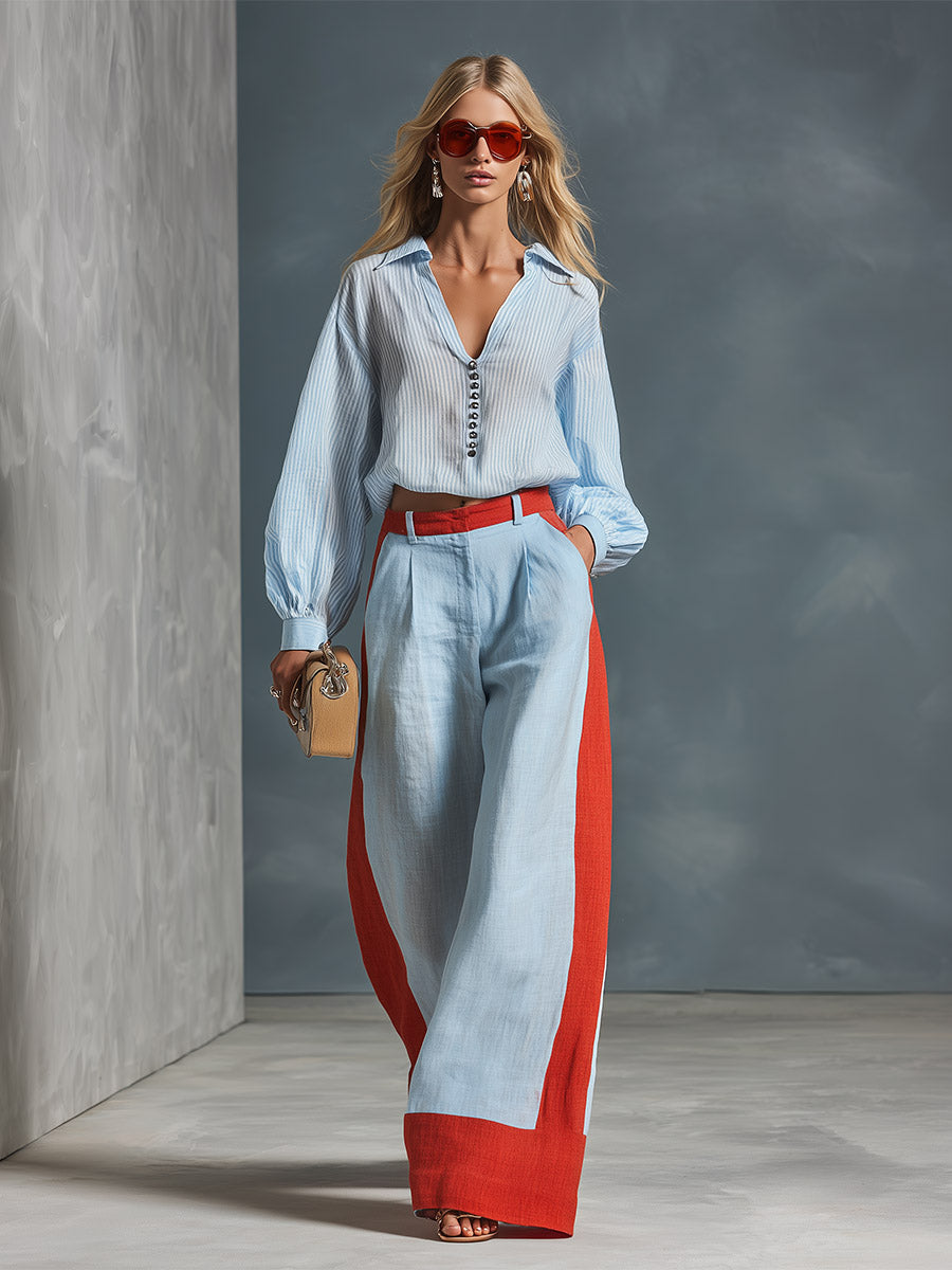 Stylish Casual Blue Striped Shirt And Color-Block Wide-Leg Pants Cotton-Linen Set