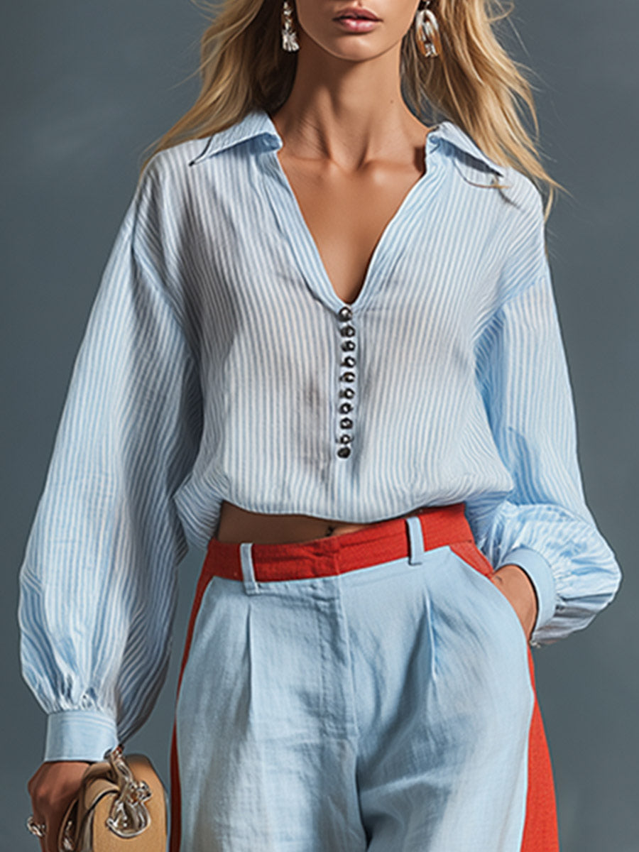 Stylish Casual Blue Striped Shirt And Color-Block Wide-Leg Pants Cotton-Linen Set