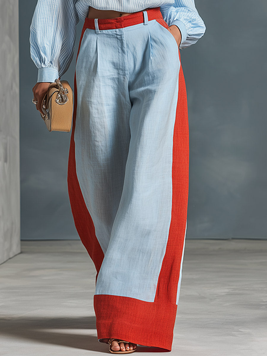 Stylish Casual Blue Striped Shirt And Color-Block Wide-Leg Pants Cotton-Linen Set