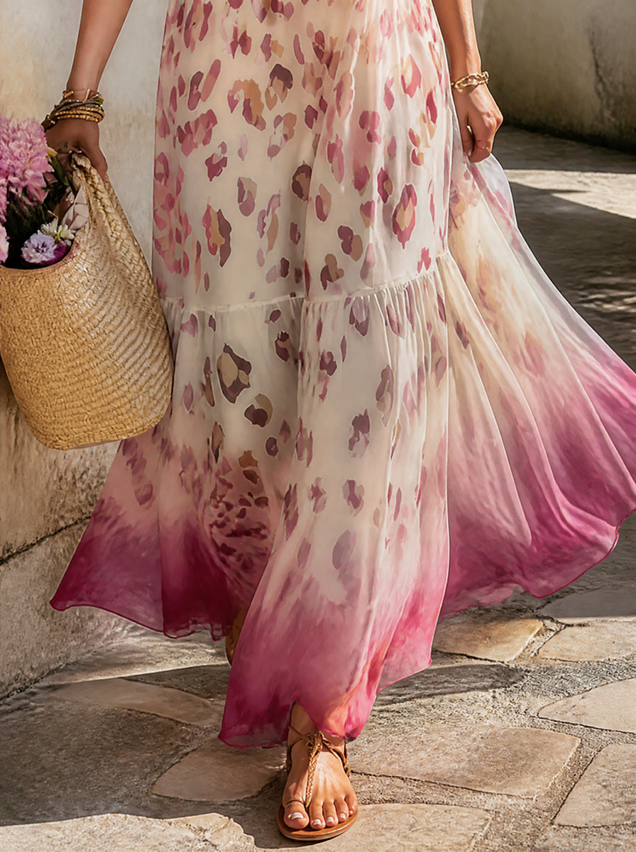 Elegant Retro White Gradient Leopard Print Chiffon Spaghetti-Strap Maxi Dress — realistic product gallery view 7 (p027-m006-a6)