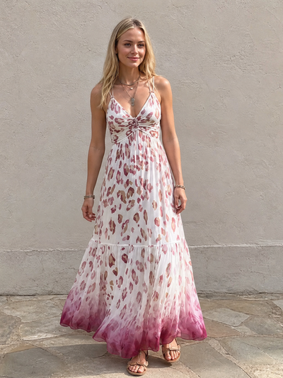 Elegant Retro White Gradient Leopard Print Chiffon Spaghetti-Strap Maxi Dress — realistic product photo