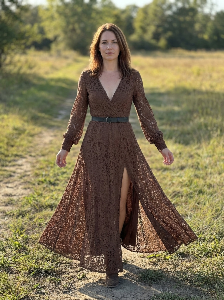 Elegant Brown Lace Front Slit Long Sleeve Maxi Dress — realistic product gallery view 4