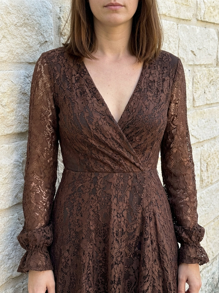 Elegant Brown Lace Front Slit Long Sleeve Maxi Dress — realistic product gallery view 5