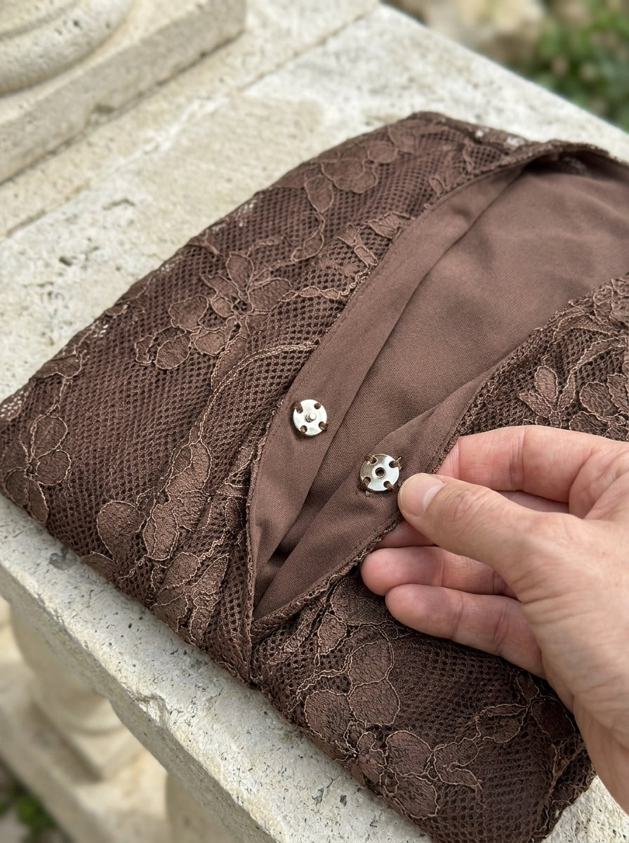Elegant Brown Lace Front Slit Long Sleeve Maxi Dress — realistic product gallery view 7