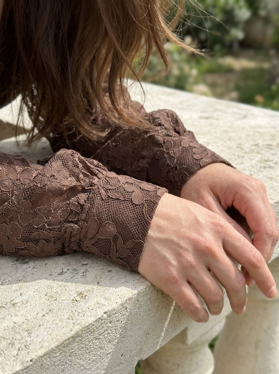 Elegant Brown Lace Front Slit Long Sleeve Maxi Dress — realistic product gallery view 8