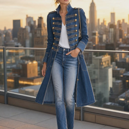 Vintage Washed Denim Military Officer Longline Gold-Button Fitted Statement Coat Women