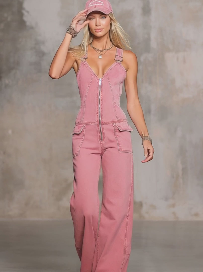 Retro Pink Denim Sleeveless Jumpsuit