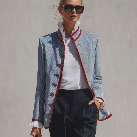 Elegant Vintage Ruffled Stand Collar Lace Trim Blue And White Striped Jacket