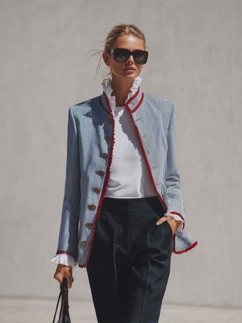 Elegant Vintage Ruffled Stand Collar Lace Trim Blue And White Striped Jacket