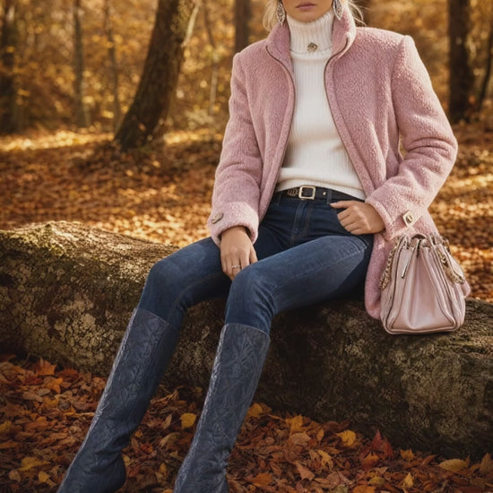 Casual Vintage Pink Polar Fleece Zip-Up Jacket Coat