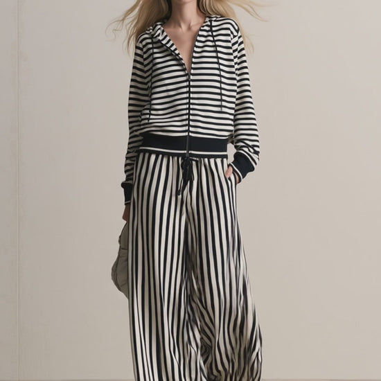 Retro Sporty Black And White Striped Cotton Cardigan And Pants Set