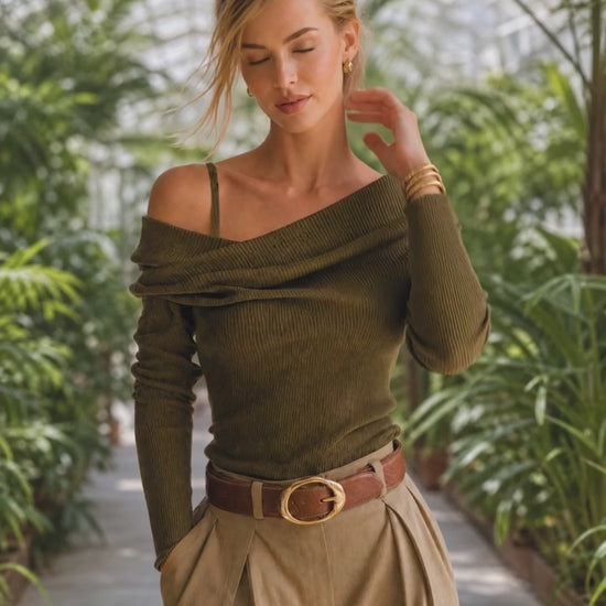 Olive Ribbed Knit Asymmetric Off-Shoulder Foldover Long-Sleeve Fitted Sweater Top Women